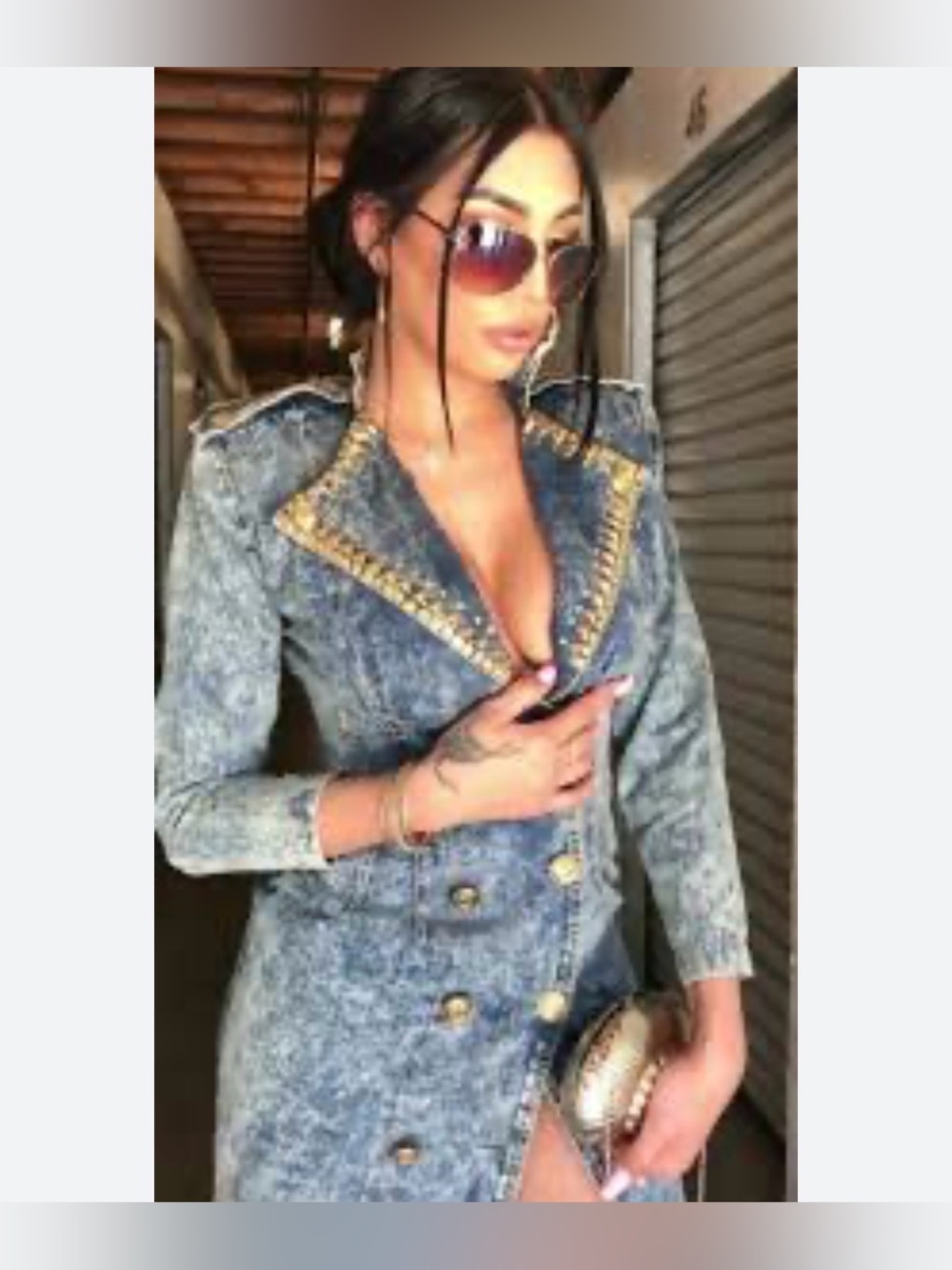 Vintage Cache Denim Dress Jacket Embellished Gold Studded Double Breasted Coat - Picture 5 of 5